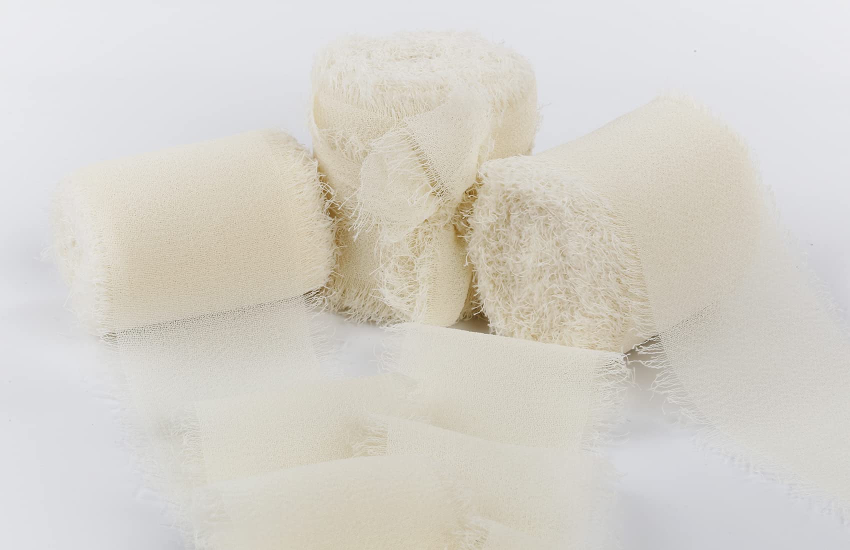 Joycrosso 3 Rolls Handmade Fringe Chiffon Ribbon Frayed Edges Ivory Ribbon 40mmX4.5Meter, Great for Wedding Invitations, Bridal Bouquets, Decor Tie Gifts Wrapping, DIY Crafts