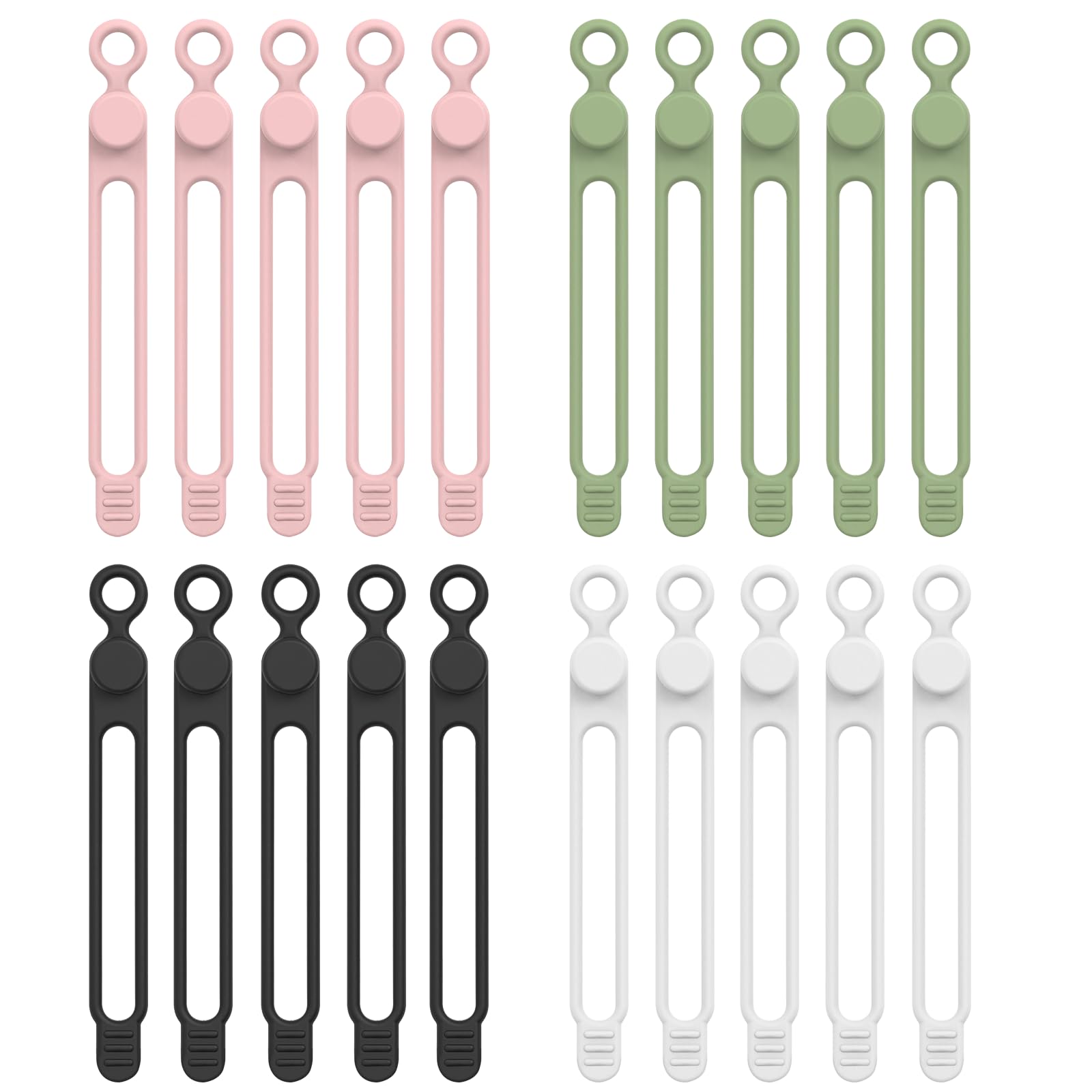 Selutiya Cable Ties Reusable 20Pcs Silicone Cable Ties Easy to use Cord Organizer Elastic Silicone Wires Ties Cable Clips for Office,Home,Car etc (Black, White, Pink,Green)