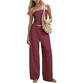 RoseSeek Women's 2 Piece Outfits Striped Strapless Tops and Mid Rise Pants Clothing Set