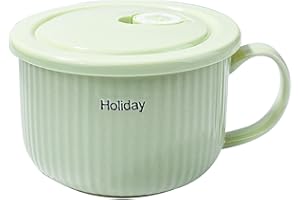 Swlthwen Ceramic Bowl with Lid and Handle for Soup and Instant Noodles Soup Mug, Modern Simple Style, with Heat Preservation 