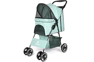 Wedyvko Dog Stroller, 4 Wheel Foldable Pet Dogs and Cat Strollers with Storage Basket and Cup Holder for Small and Medium Cats, Dogs, Puppies (Tiffany Blue)