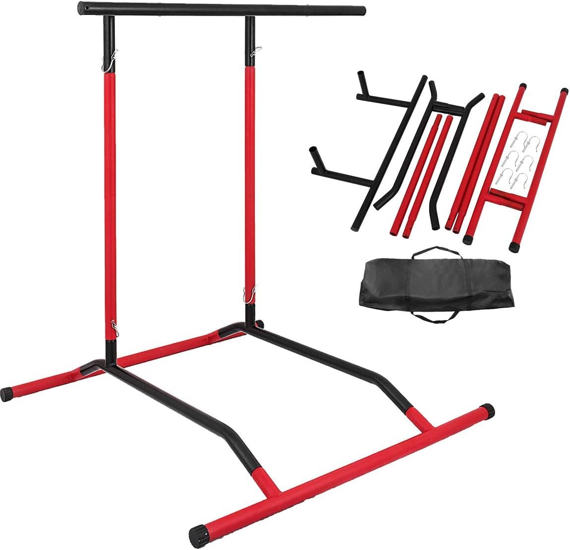 Power Tower Pull up Dip Bar Station Stand with Bag Black Red Durable Sturdy Heavy Duty Portable Foldable Safe 220 pound Capacity for Home Gym Workout Fitness Exercise Building Muscle Indoor Outdoor