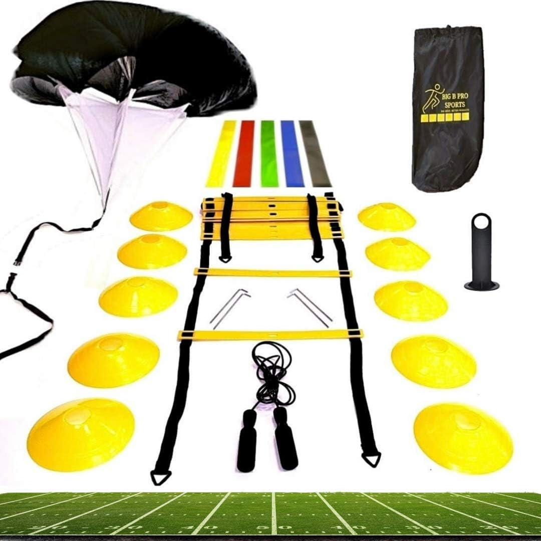 Big B Pro Sports Speed Agility Training Set - Includes Ladder, 10 Cones with Holder, Running Parachute, Jump Rope, Resistance Bands - for Training Football, Soccer, Hockey, and Basketball Athletes. : Sports & Outdoors