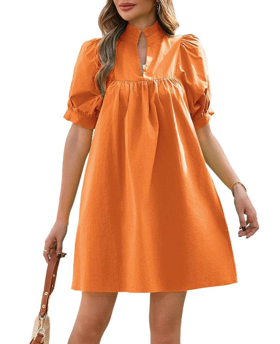 Photo 1 of YEXPINE Women's Ruffle Collar High Neck Mini Dress Puff Short Sleeve Cotton Babydoll Peplum Dresses with Pockets Orange