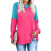 YEXIPO Womens Long Sleeve Shirts Casual Loose Fit Crew Neck Color Block Fall Fashion 2024 Tunic Tops