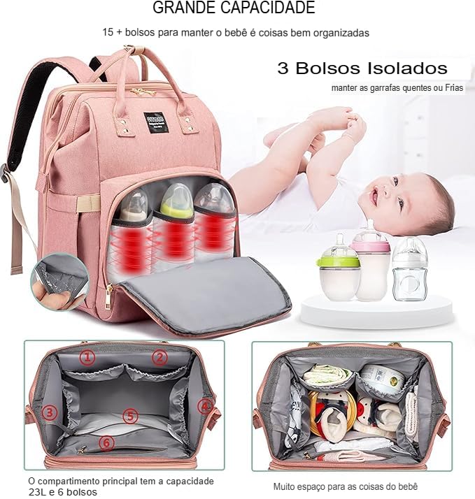 Mochila Maternidade Bebê Bolsa que Vira Berço, Troca Bebê, Porta Lenço, Fralda, Mamadeira Com Bolsos Térmicos, Prova D'água, Impermeavel, Alças Acolchoadas, Premium, Marca ATM