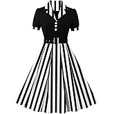 IWEMEK Lapel Collar 50s Vintage Dress for Women 1950s Polka Dot Retro Cocktail Swing Dress with Belt Audrey Hepburn Dresses