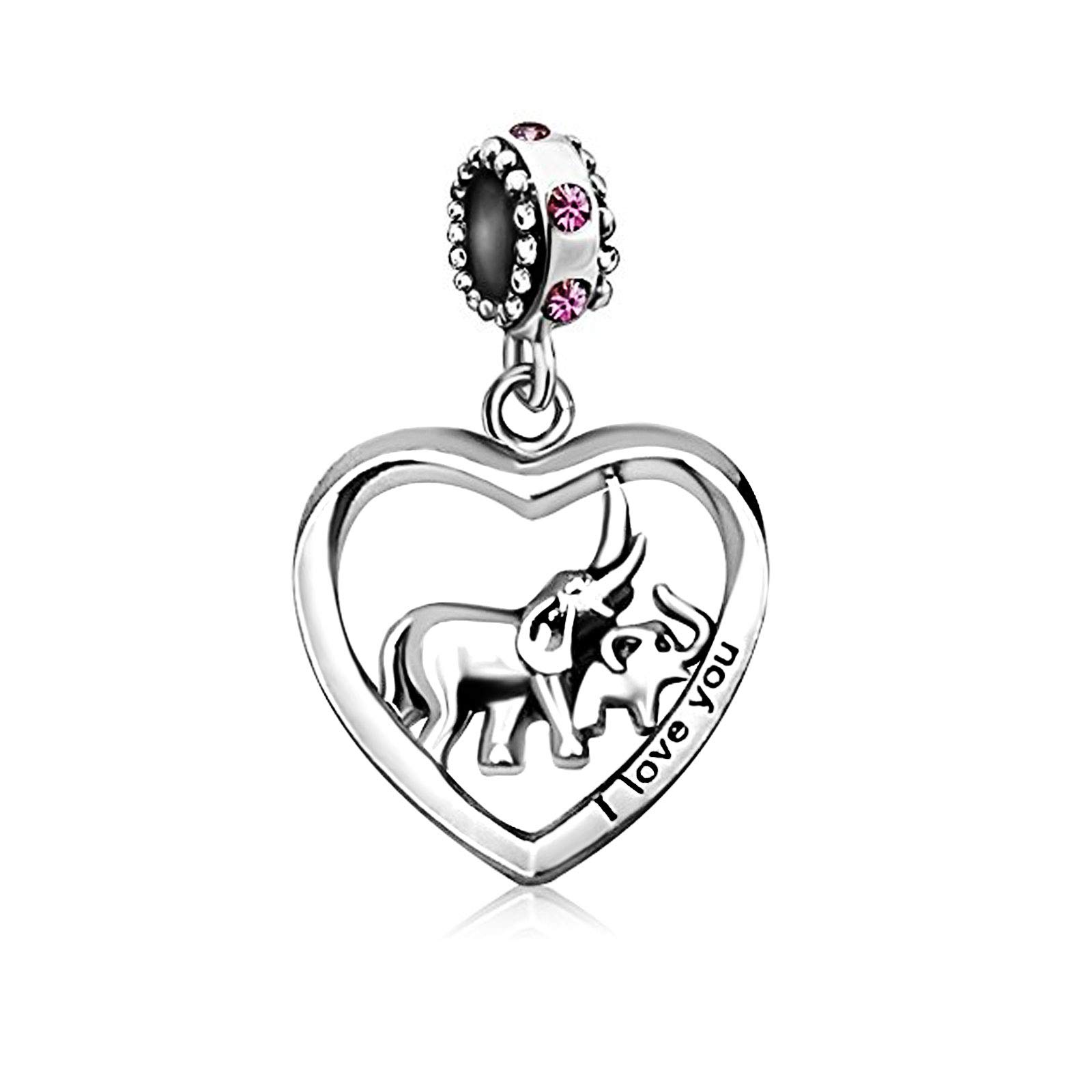 KunBead Jewelry Elephant Heart I Love You Mother Daughter Son Baby Children Mum Family Birthday Pink Crystal Girl Charms