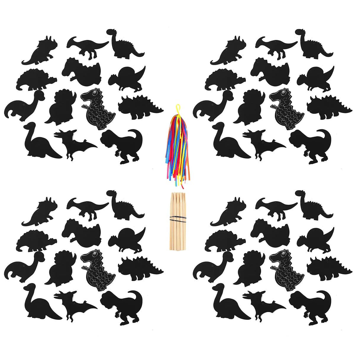 WANGCL 48Pcs Scratch Art for Kids, Dinosaurs Scratch Cards with Wooden Pencils and Ribbons Rainbow Scratch Art for Birthdays Party DIY Decor