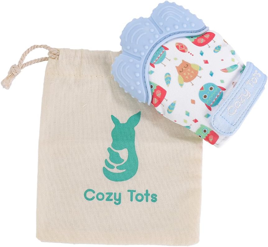 Cozy Tots Silicone Teething Mitt | Baby Teether Glove | Quality Finish with Free Travel Bag | Attractive Owl Design | Available in 3 Colours (Blue)