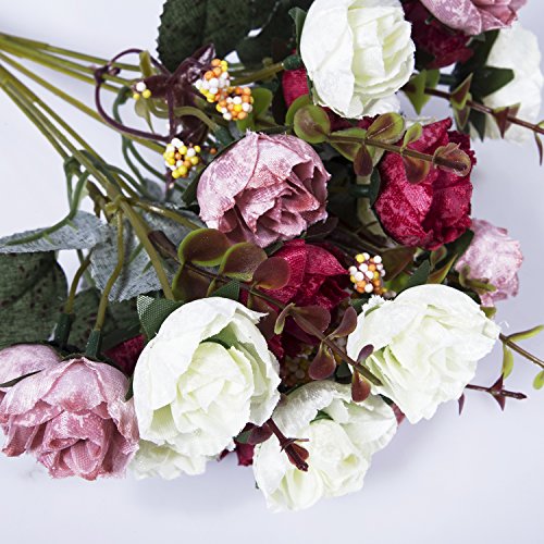 Hibery 7 Branch 21 Heads Artificial Fake Flowers Silk Rose Bouquet Wedding Home Office Floral Decor, Pack of 2 (White Pink) - Thumbnail 3