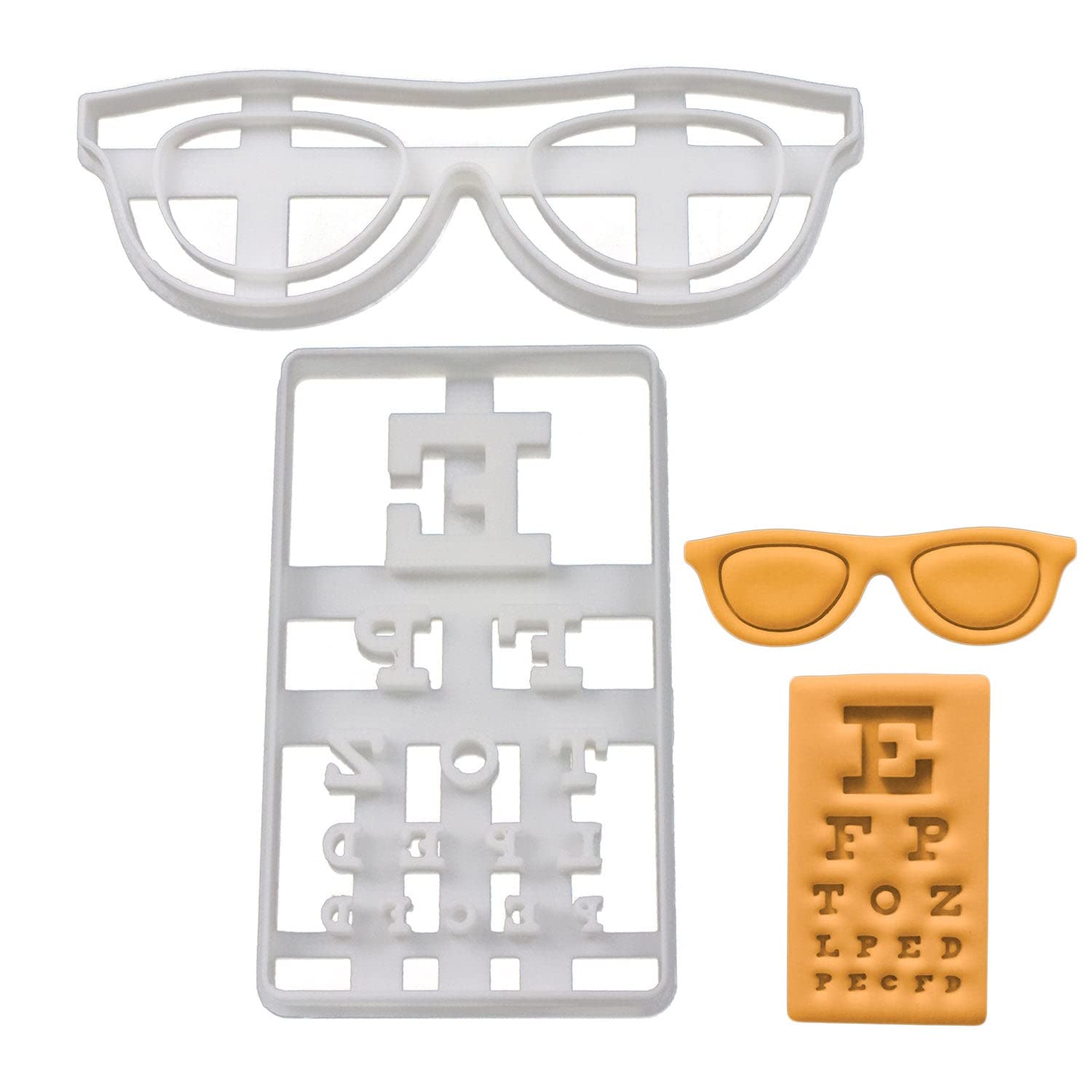 BAKERLOGY Set of 2 Optomology Themed Cookie Cutters (Designs: Snellen Chart and Spectacles) - Detailed Biscuit Cutter Design for Baking and Crafts, Ideal on Fondant, Dough, Clay
