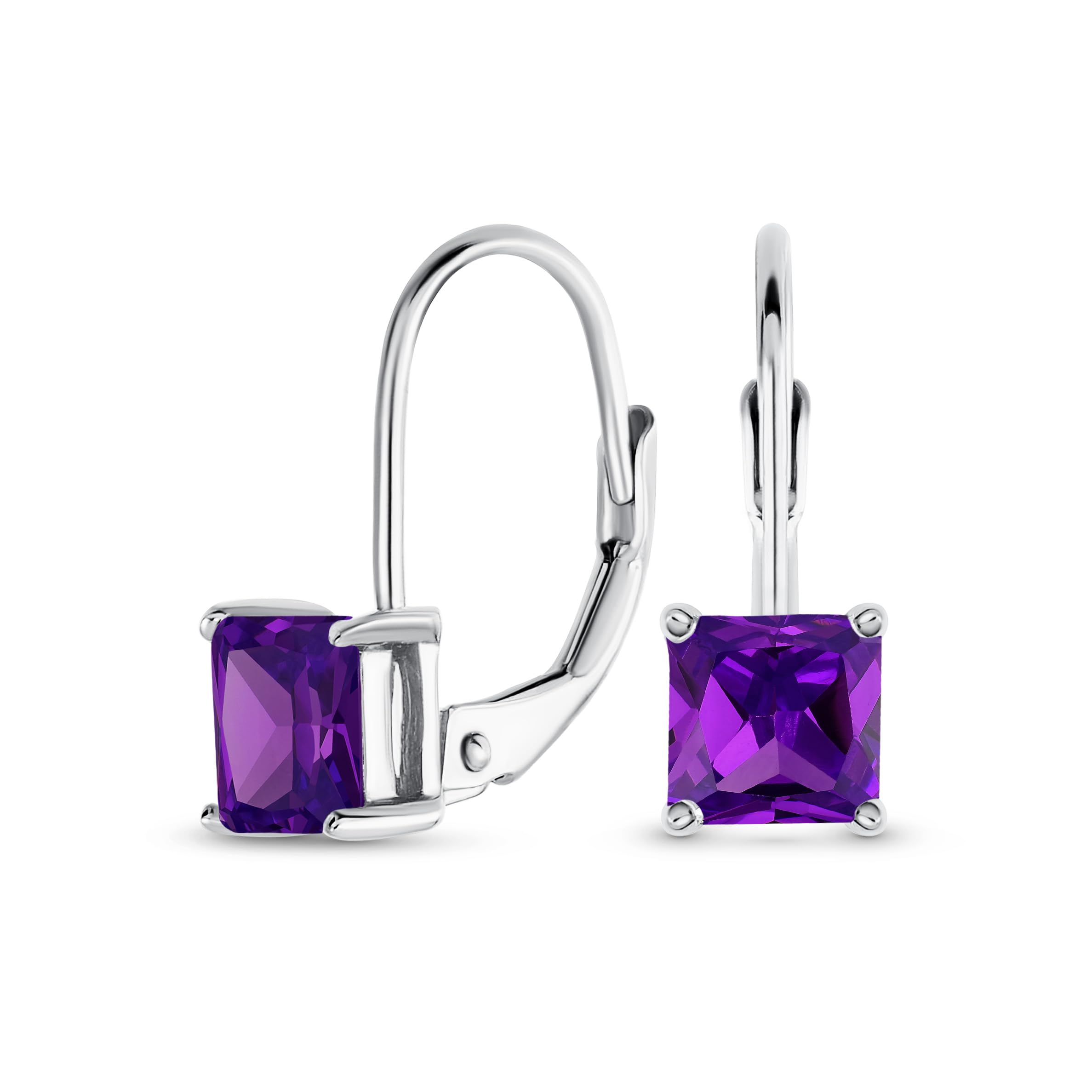 Classic Bridal Simulated Amethyst Princess Cut Purple Cubic Zirconia Solitaire Square AAA CZ Leverback Earrings For Women .925 Sterling Silver — image 1