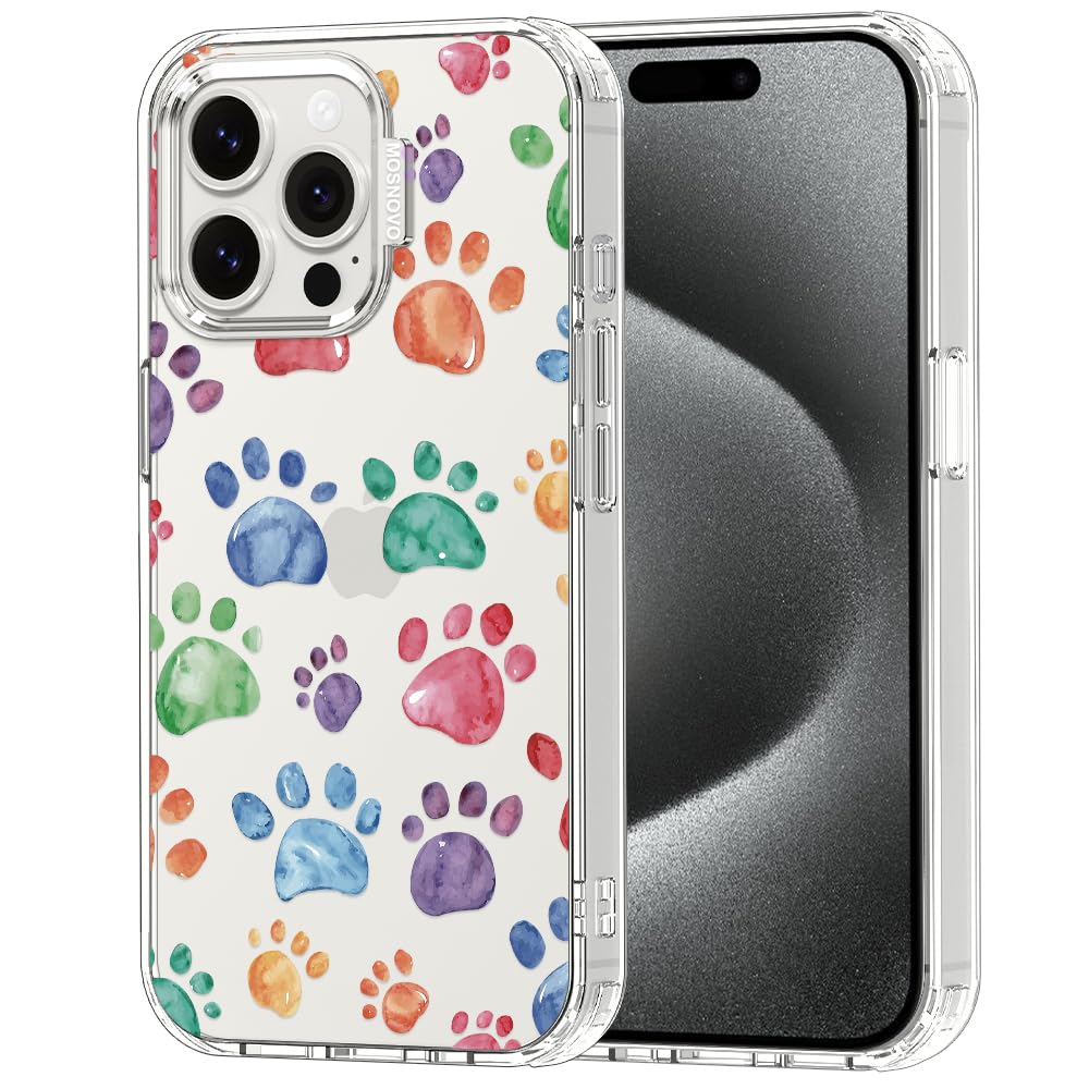MOSNOVO Case for iPhone 15 Pro Max, [Buffertech 6.6ft Military-Grade Drop Protection] [Anti Peel Off Tech] Clear TPU Bumper Phone Case Cover Design - Colorful Paw