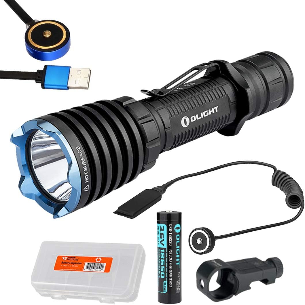 OLIGHT Warrior X 2000 Lumen Rechargeable Tactical Flashlight with Rechargeable Battery, Magnetic Pressure Switch, Mount, and LumenTac Battery Organizer