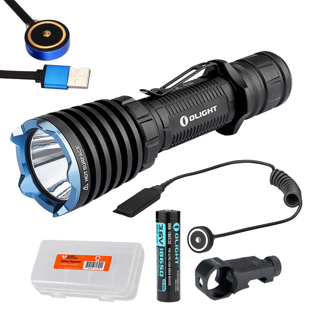 OLIGHT Warrior X 2000 Lumen Rechargeable Tactical Flashlight with Rechargeable Battery, Magnetic Pressure Switch, Mount, and LumenTac Battery Organizer