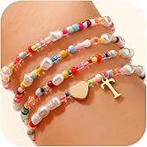 JIAOGE Valentines Day Gifts for Kids Her - 4PCS Gold Stretchable Boho Colorful Beaded Pearl Heart Initial Bracelets for Women Teen Girl Gifts Trendy Stuff Cute Stackable Kids Jewelry Birthday Gifts