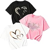 RoseSeek Girl's 3 Packs Graphic Tees Set Letter Graphic Crew Neck Short Sleeve T Shirt Set Casual Summer Tops