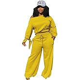 TOPSRANI Womens 2 Piece Outfits Casual Solid Sweatsuits Baggy Long Sleeve Loose Matching Wide Leg Tracksuit Pants Sets