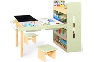 LOL-FUN Kids Sensory Art Table and Chairs Set with Storage Bins & Shelves, Toddlers Activity Table for Ages 3-8 Preschool Sand and Water Play, Drawing Desk with Blackboard Whiteboard