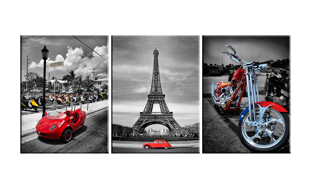 YPY Eiffel Tower Wall Art Red Car Motorcycle Picture Prints On Canvas for Home Bedroom Decoration 3 Panels