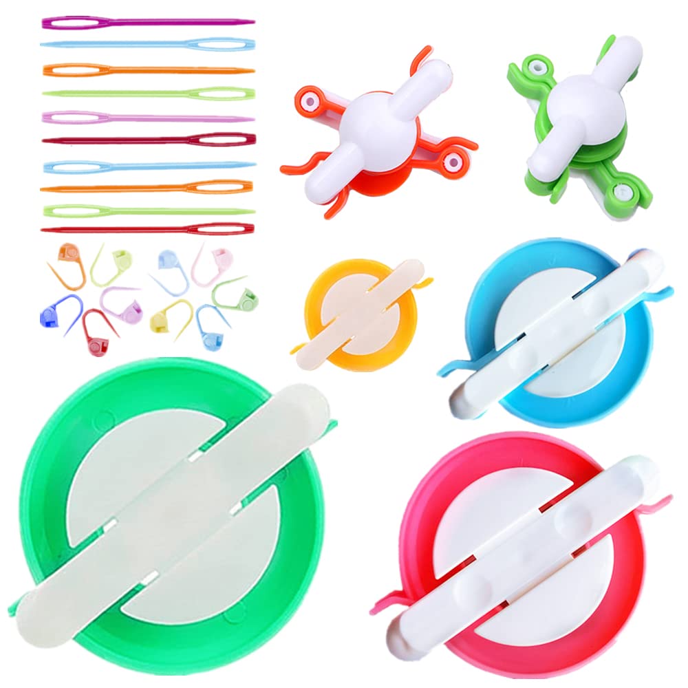 Pom Pom Maker, 5 Sizes Pompom Maker Tool Set for Fluff Ball Weave DIY Wool Yarn Knitting Craft Project for Beginner,Include 10PS Knitting Stitch Markers+10PS Plastic Needles (26)
