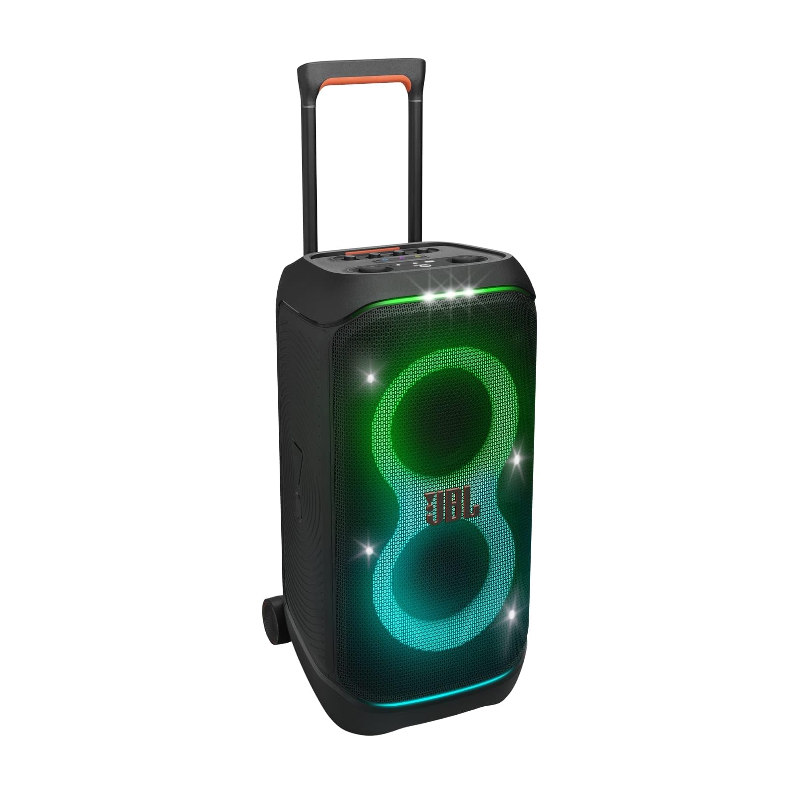 JBL Partybox Stage 320 in Schwarz – Tragbare Bluetooth-Lautsprecher-Box mit JBL Pro Sound, Lichtshow, KI-Sound-Boost, Rollen und Teleskopgriff – 18 h Laufzeit