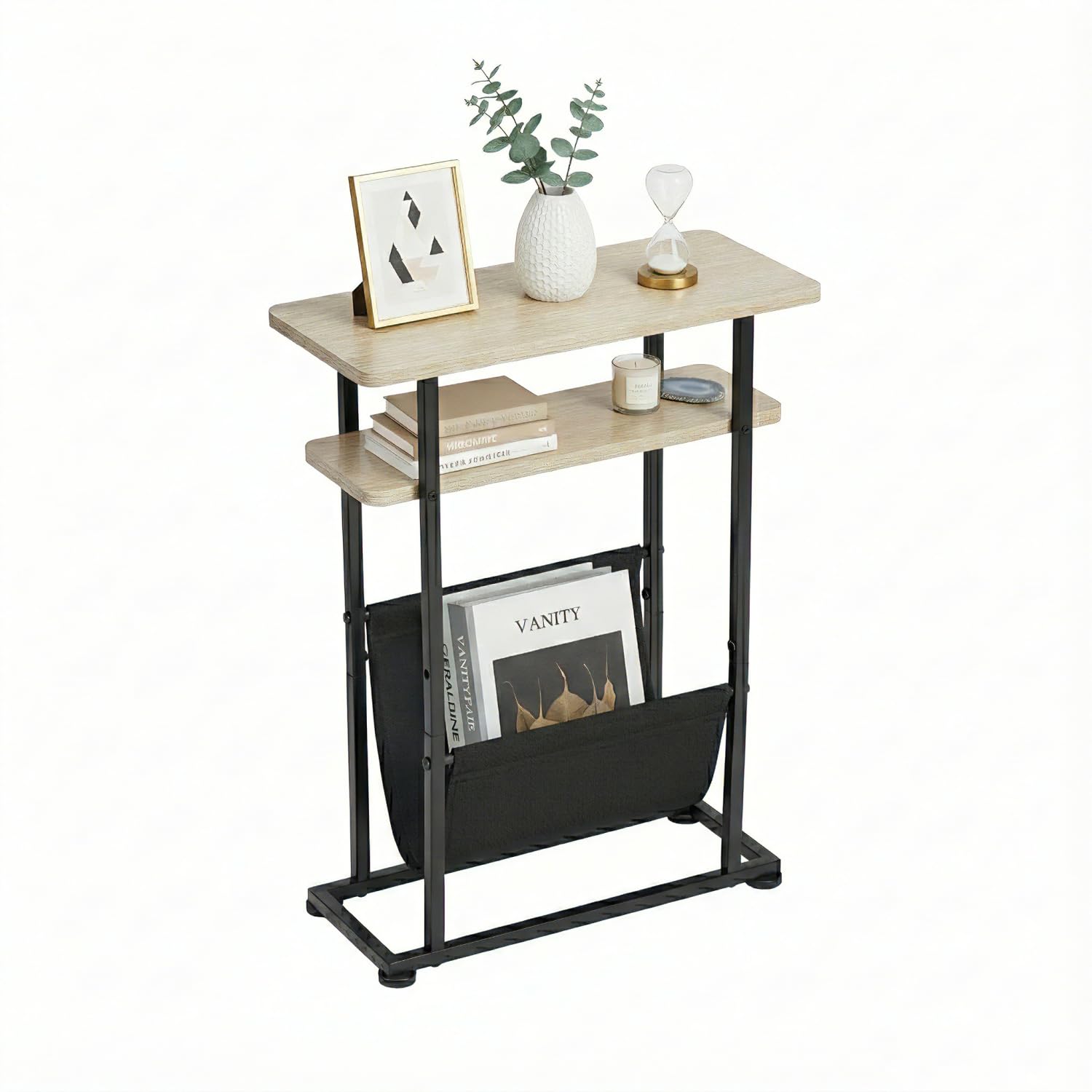 ZEXVIDA Small Side Table for Small Spaces - Slim End Table with Magazine Holder - 2 in 1 Narrow End Table Living Room - Skinny Bedside Table Nightstand Bedroom Thin Side Table (Oak)
