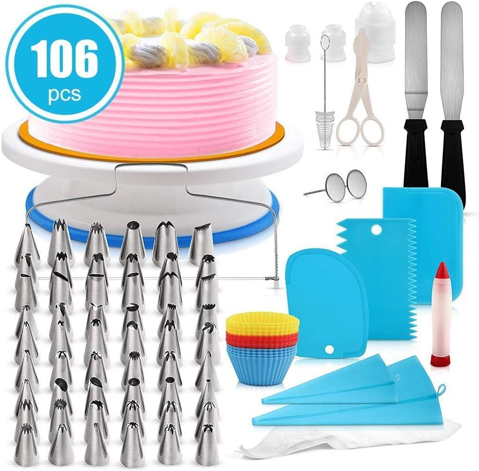 FantasyDay 106-Piece Cake Decorating Supplies Baking Tools with 54 Piping Nozzles Icing Tips, 25 Disposable Bags, 12 cupcake, 2 Reusable Pastry Bags, 3 Couplers, 2 Spatulas, 3 Scrapers, Cake Turntable