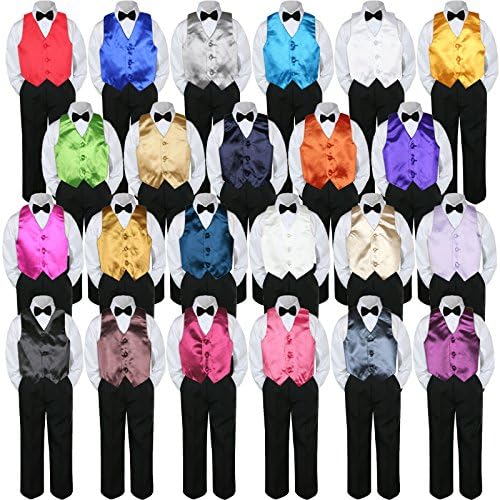 4pc Baby Toddler Boy Teen Formal Suit Black Pants Shirt Vest Bow tie Set SM-4T