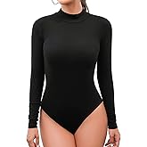 MANGDIUP Bodysuit for Women Mock Turtle Neck Long Sleeve Tops Slim Fit Basic Stretch Soft Bodysuit Jumpsuit