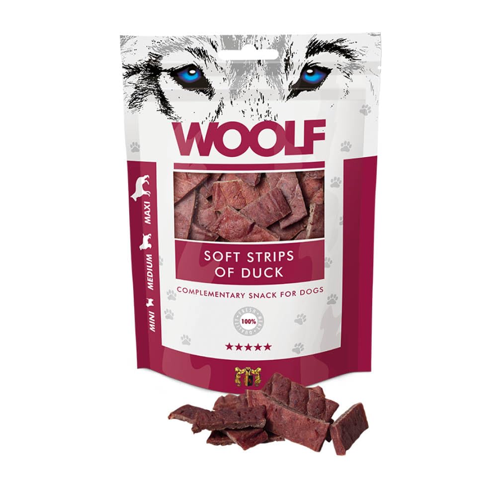 WOOLF Soft Strips of Duck - Complementary Snacks for Dogs. Dog Treats with All-Natural Ingredients and High Meat Content, Free from Artificial Additives. Suitable for Dogs (100g)