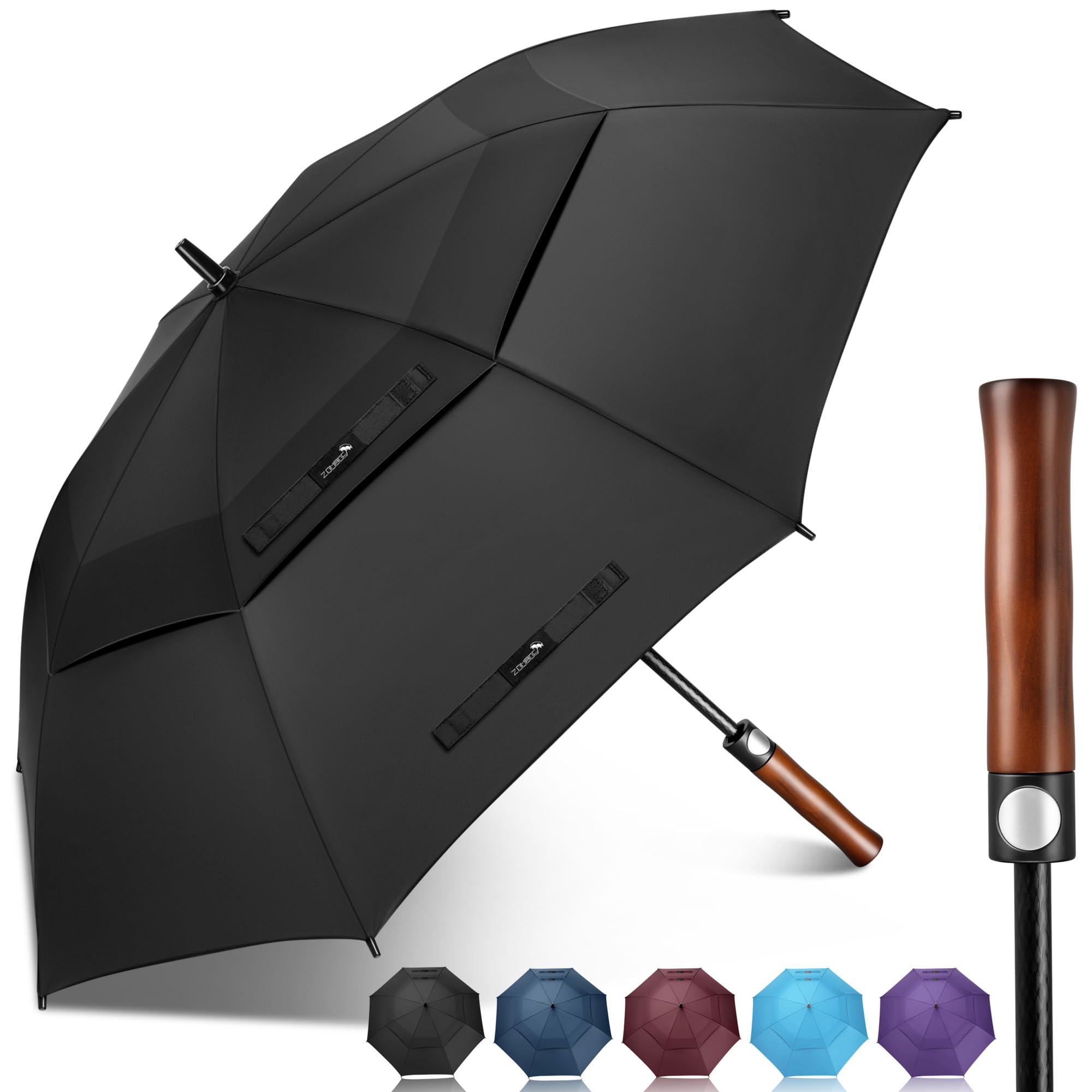 ZOMAKE Golf Umbrella Windproof and Rainproof 62in, Large Umbrella Windproof Strong, Big Golfing Brolly Unbreakable Double Canopy for Men Women (Black/Wooden Handle)