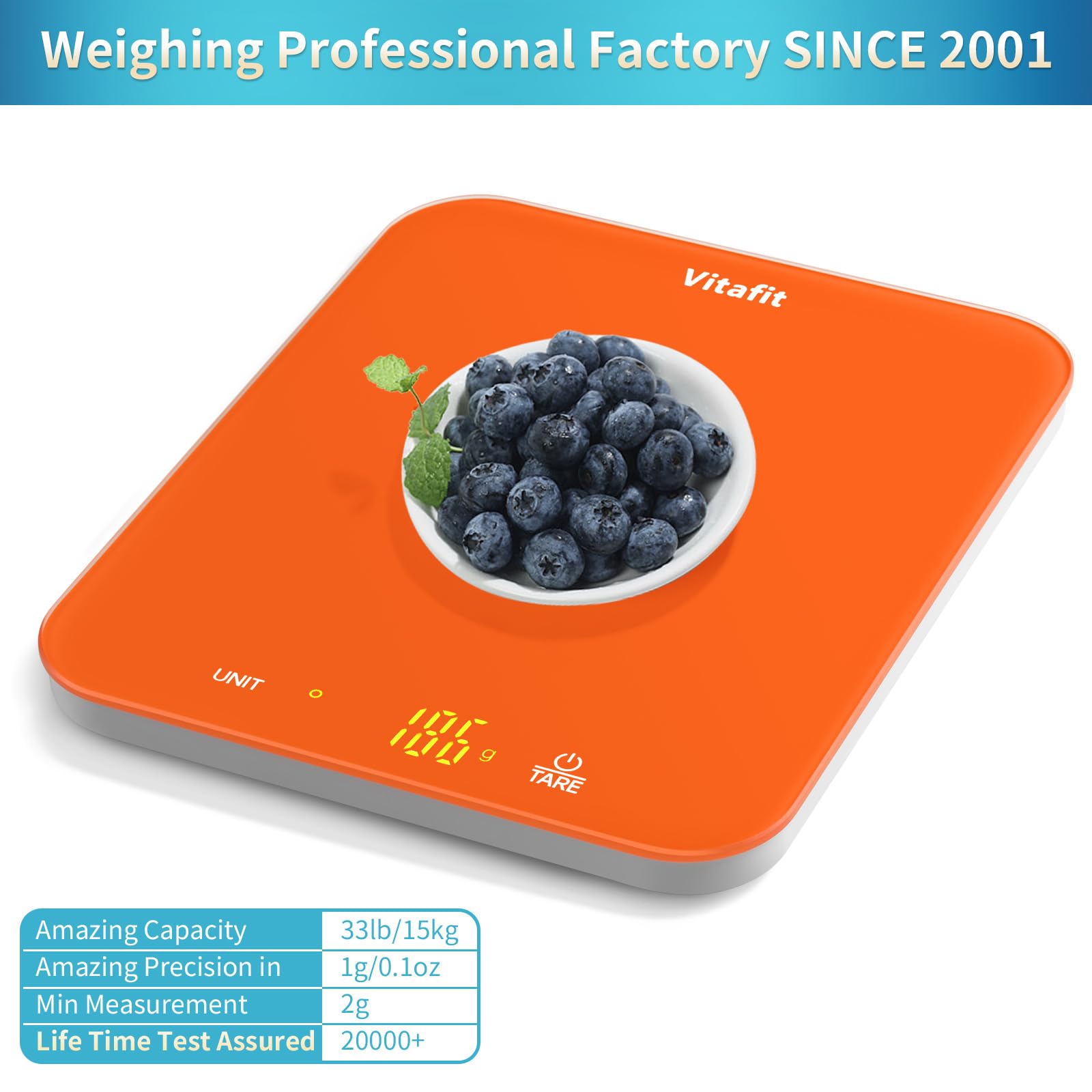 Vitafit 33lb/15kg Digital Food Scale in High Precision 0.1oz/1g, Our Own Kitchen Scale Professional Factory Since 2001, Kitchen Essentials for Cooking & Baking, LED, 3*AAA Battery, Refreshing Orange