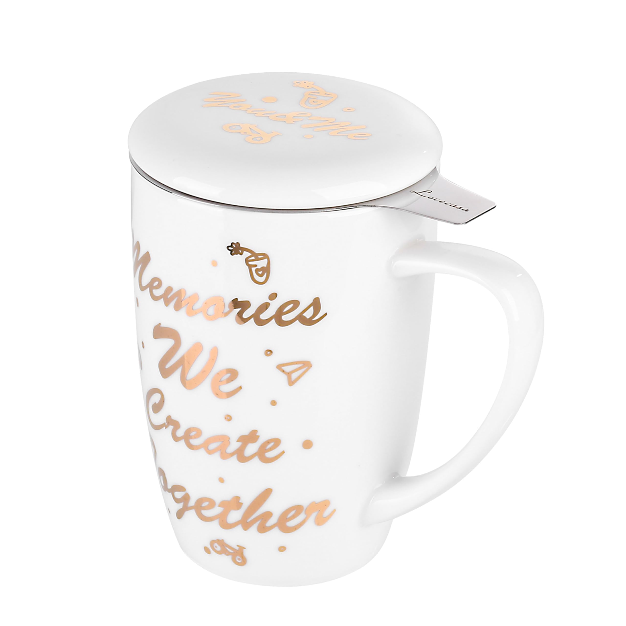 LOVECASA, Porcelain Tea Cup with Infuser 480ml, Mug with Micro-Perforated Stainless Steel Filter and Lid (Remember)