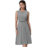 Hobemty Women's A-Line Dress Sleeveless Zip Up Office Work Flare Pleated Dresses with Belted