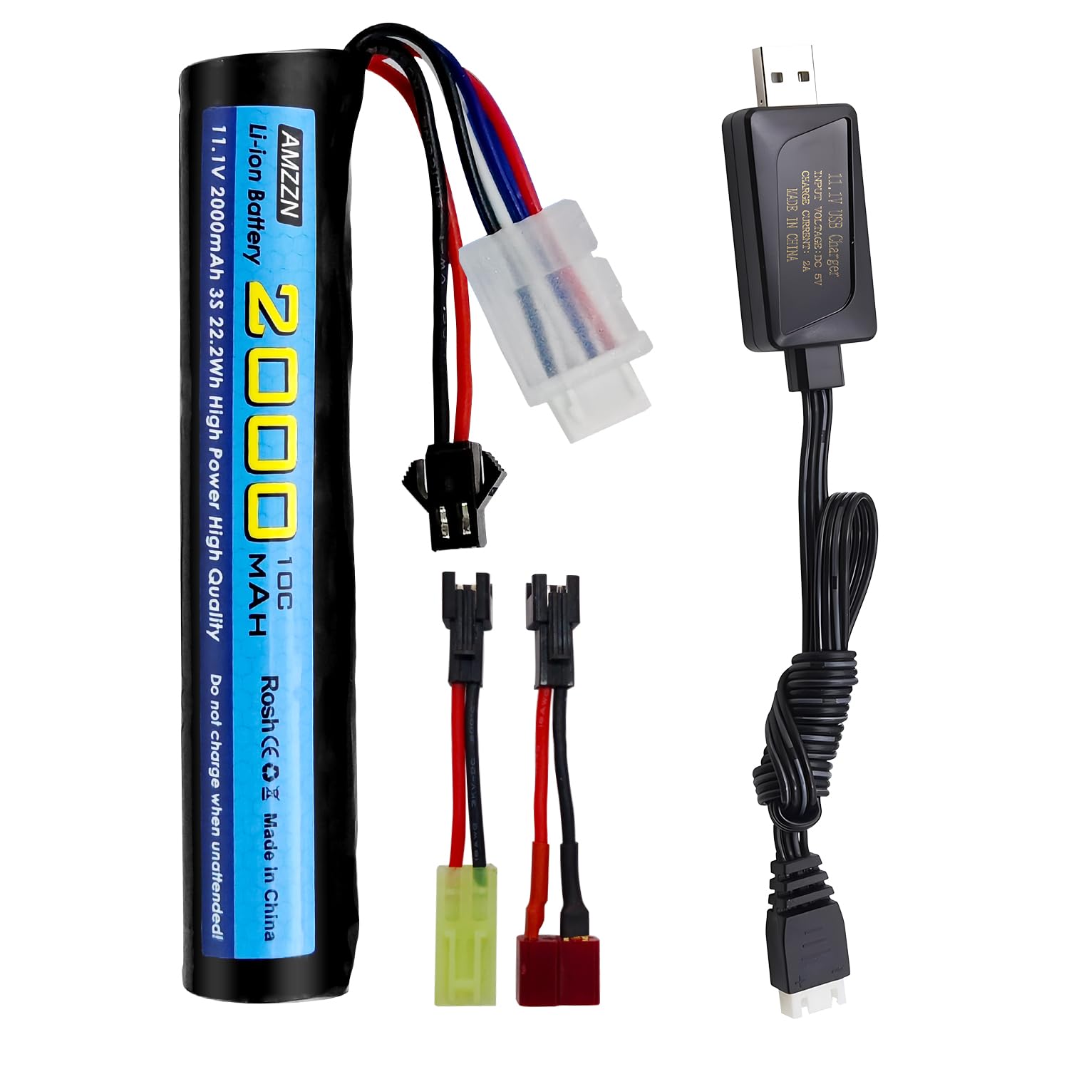 AMZZN 11.1V 10C 2000mAh Li-ion Battery With SM2P Plug T-Plug Tamiya Plug Conversion Line And USB Charging Cable Suitable For Airsoft Gel Water Bead Blaster Replacement Battery
