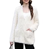 Wyeysyt Women's Fuzzy Cardigan Sweater V Neck Long Sleeve Button Down Knit Furry Sweaters with Pockets