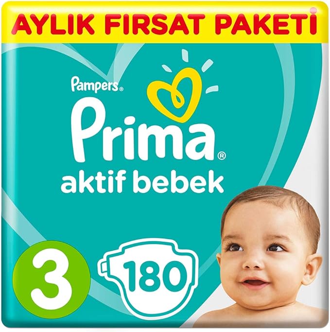Prima Bebek Bezi Aktif Bebek 3 Beden Midi Aylık Fırsat Paketi, 180 Adet