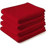 Encasa XO Kitchen Dish Towels Set | Red | Waffle Weave and Flat Hand Tea Towel | 28"x18" | Quick Drying Reusable Cotton Washcloths | Multipurpose Lightweight Dishcloths Set of 4
