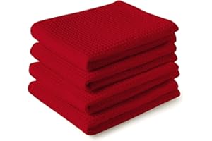 ENCASA XO Encasa Homes Anti-Odour Waffle Kitchen Dish Towels, 18 x 28 inch (4 Pc Set) Highly Absorbent, Tea Towels for Cleaning & Quick Drying, Eco-Friendly Cotton - Red
