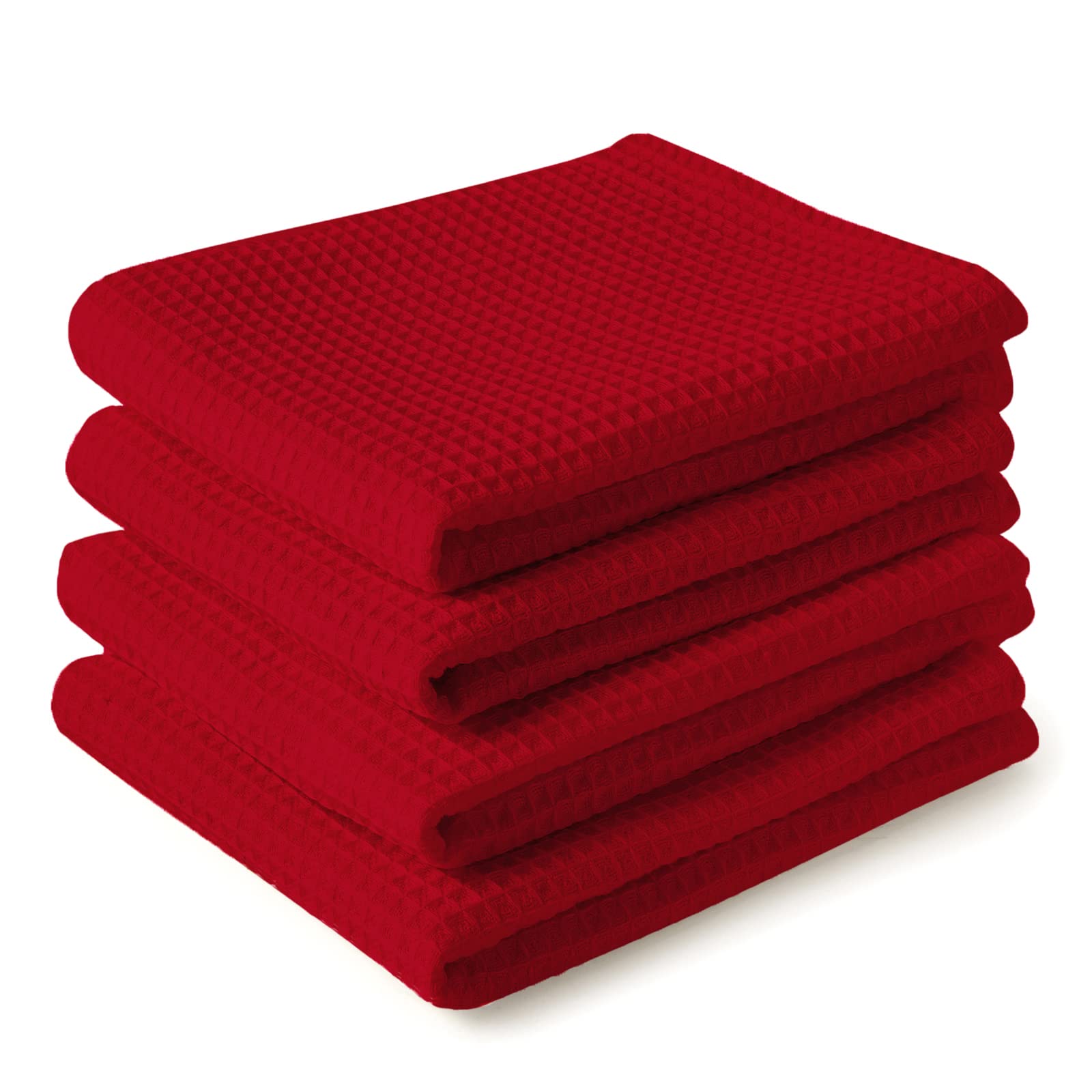 Encasa XO Kitchen Dish Towels Set | Red | Waffle Weave and Flat Hand Tea Towel | 70x45 cm | Quick Drying Reusable Cotton Washcloths | Multipurpose Lightweight Dishcloths Set of 4