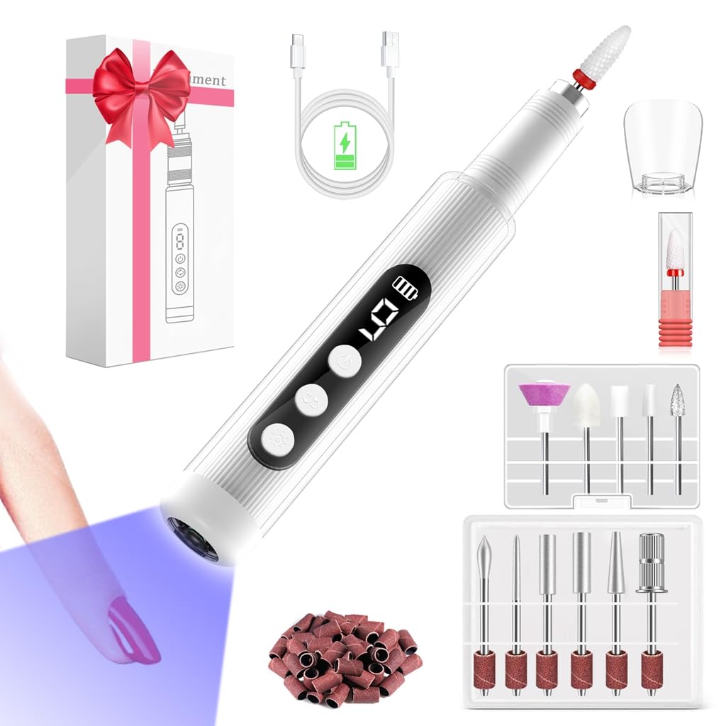 Electric Nail Drill with Nail Lamp, Portable Cordless Nail File Machine 12-in-1 Kit for Acrylic Gel Nails, 2024 Upgrad 9 Speeds Professional Manicure Pedicure Polishing Tool for Home and Salon Use