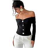 WDIRARA Women's Off The Shoulder T Shirts Metal Button Long Sleeve Tee Going Out Top