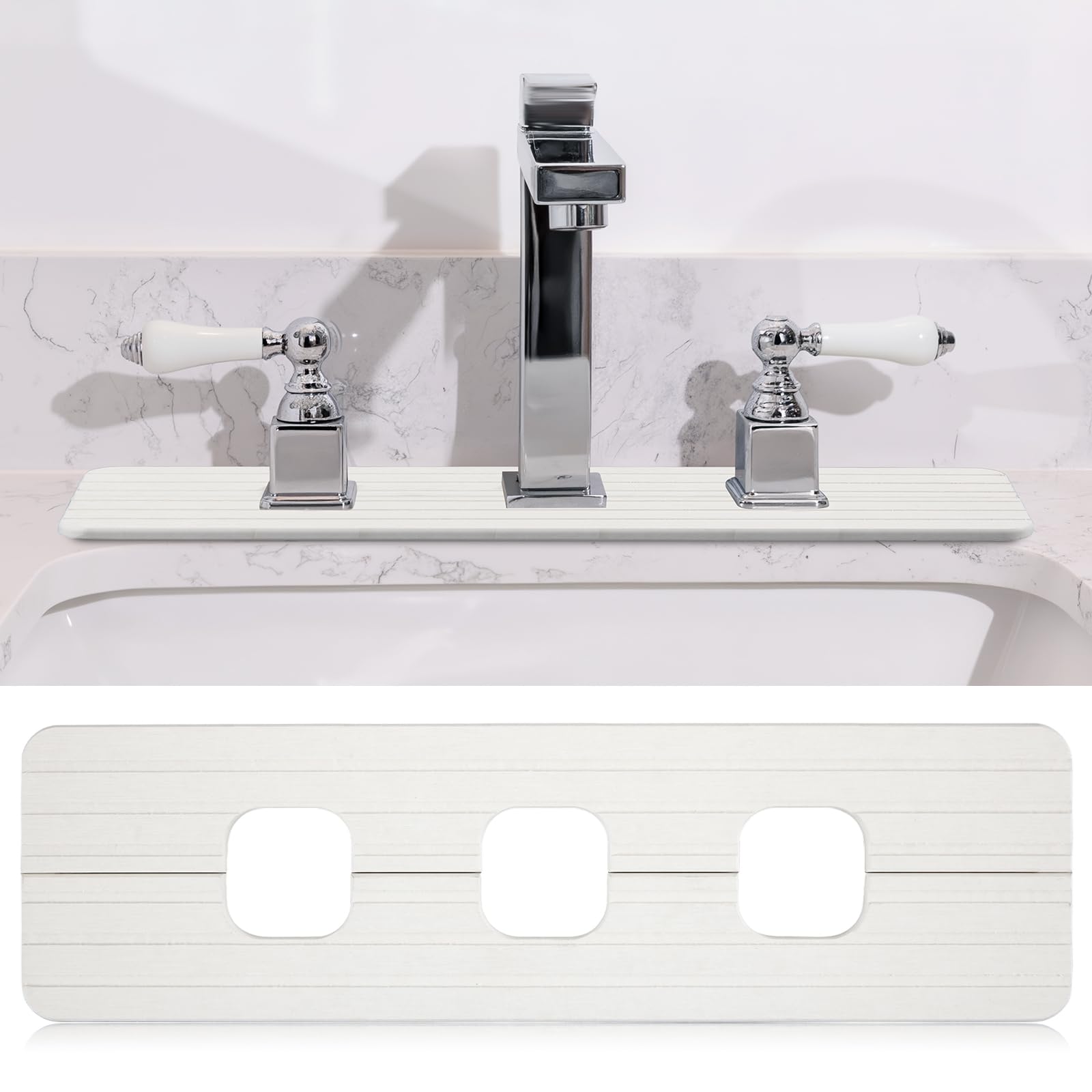 Photo 1 of Teenyyou 3 Square Hole White Faucet Mat for Kitchen Sink 16.14" x 4.49" Kitchen Faucet Absorbent Mat Diatomite Splash Guard for Sink Quick Drying Stone Drip Catcher for Bathroom Counter