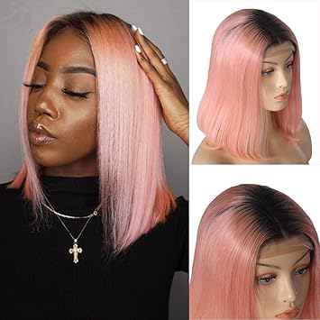 Amazon Com Pink Bob Lace Wig Middle Part Soft Human Hair For