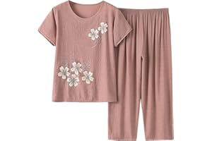 jsaierl Women's Linen Capri Pajama Sets Floral Print Short Sleeve Sleepwear Top and Capri Pants 2 Piece Loungewear Comfy Pjs