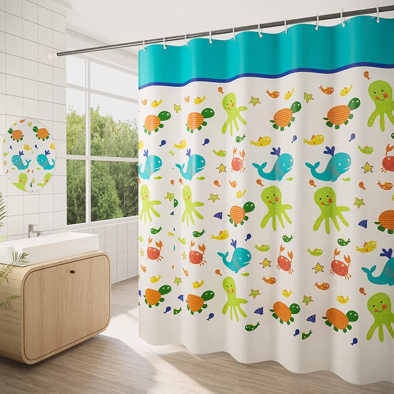 GONOVE Shower Curtain for Bathroom 240 x 200 cm Mildew Resistant Waterproof Polyester Cartoon Animals Shower Curtain Liner Long Washable Bath Curtain with Hooks, Weighted Hem