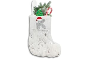 ASEOJOON 6 inches Initial Monogram Christmas Stocking with Embroidered Letters Personalized Small Plush Xmas Hanging Stocking with Sequin Snowflake for Holiday Tree Fireplace Decor (K-Letter, Silver)