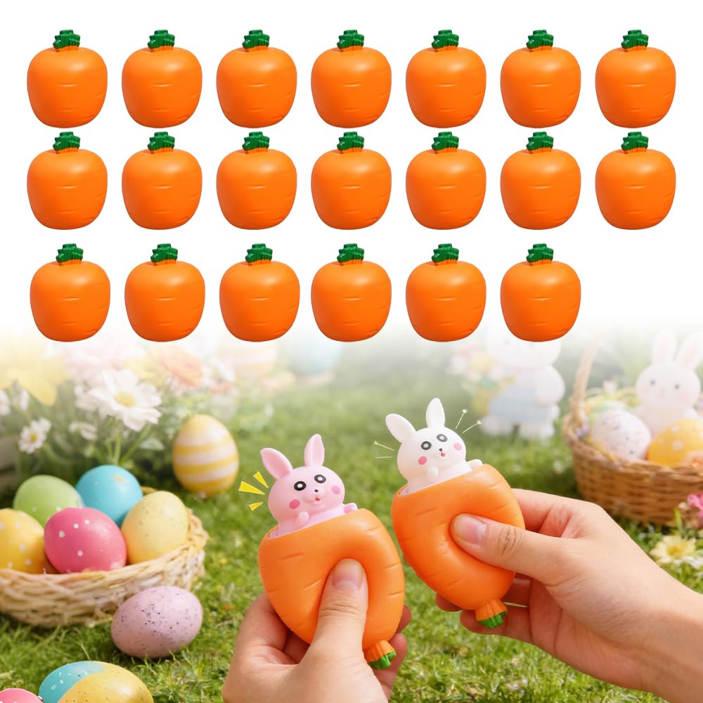 Easter Basket Essentials, Easter Carrot Rabbit Fidget, Pop Up Carrot Bunny, White Pink Bunny Squishes Carrot Squeeze Ball, Rabbit Funny Novelty for Easter Basket Stuffers Party Favors (20Pcs)